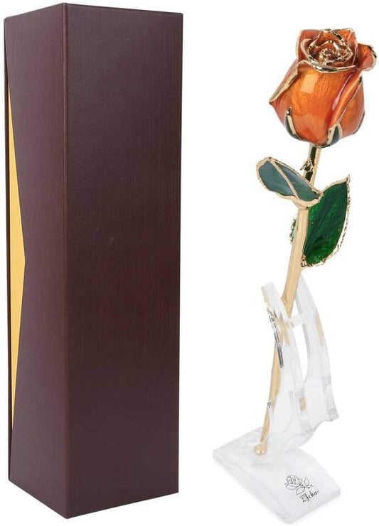 Valentines Day Rose 24k Gold Dipped Rose Forever Preserved Rose Flower with Display Stand for Her Wife Mother Girlfriend on Anniversary Birthday Christmas, Orange