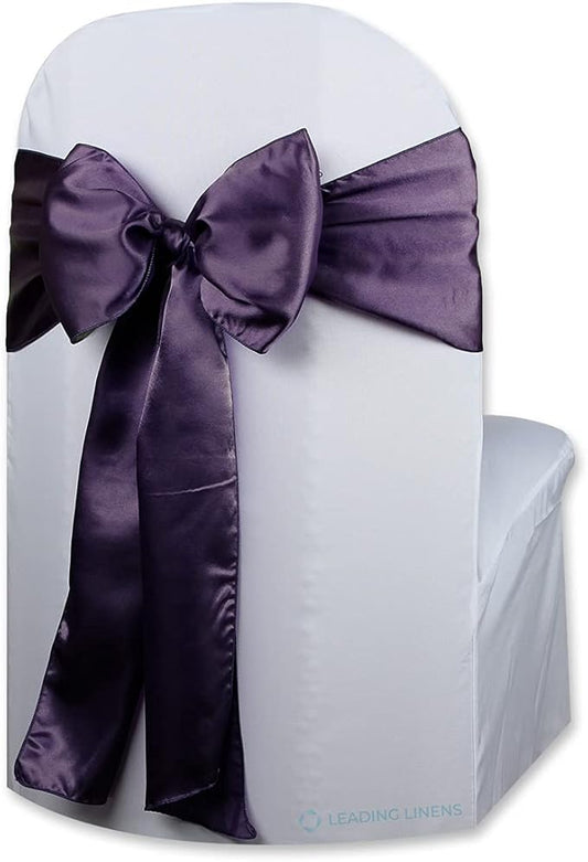 Satin Bow Sash Chair Cover Decoration - Elegant Sashes for Weddings, Banquets, Receptions, Special Events, Restaurants, and Parties - 28 Available Color Choices, Set of 150, Plum Purple