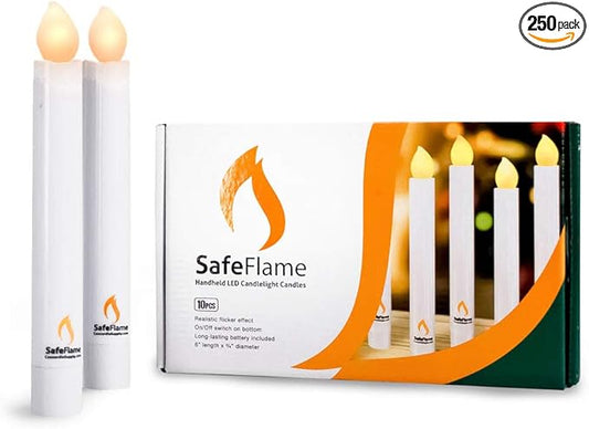 Concordia Supply SafeFlame LED Candlesticks - 6" (250-Pack) Handheld Battery Operated Candles w/Flickering Effect - Perfect for Church Services, Candlelight Vigils, and Special Events - (Amber)