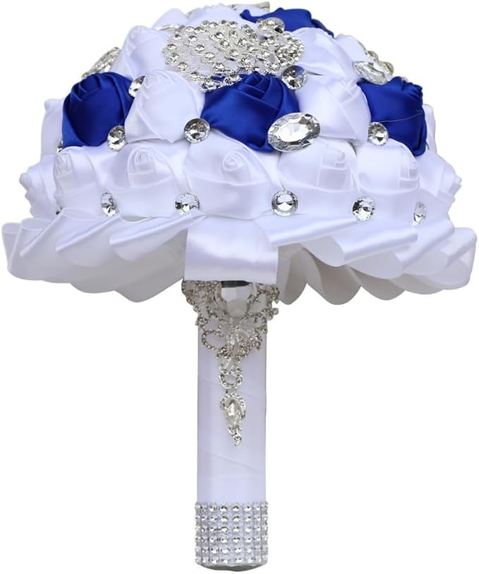 Bridal Wedding Bouquet with Bling Rhinestone Brooch Satin Rose Flower Bouquet for Bride Bridesmaid Quinceanera Wedding Royal Blue and White 7.1in