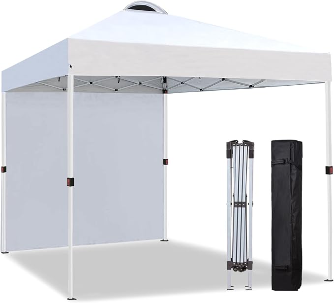 10x10 Pop Up Canopy Tent with One Sidewall, Instant Folding Outdoor Shelter with Air Vent, High Strength Steel Frame and Handheld Carry Bag for Backyard Party, Camping, White