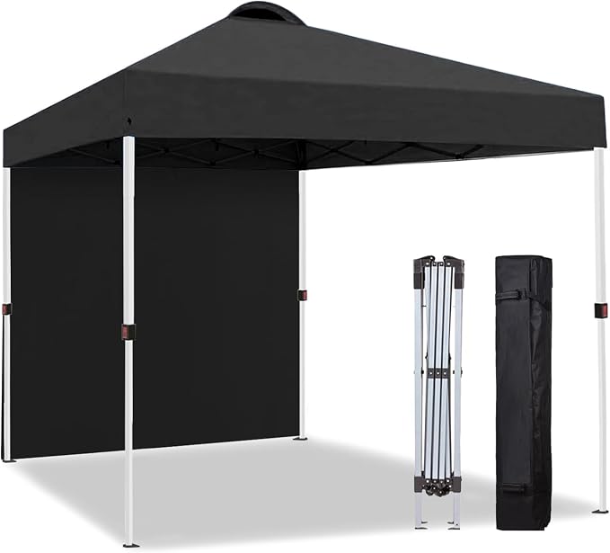 10x10 Pop Up Canopy Tent with One Sidewall, Instant Folding Outdoor Shelter with Air Vent, High Strength Steel Frame and Handheld Carry Bag for Backyard Party, Camping, Black