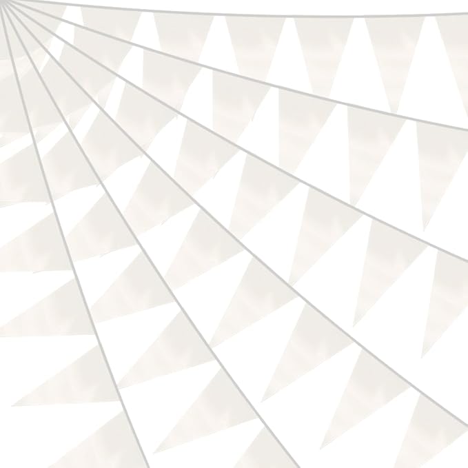 40M/130FT White Triangle Pennant Banner Flag Metallic Fabric Bunting Garland for Christmas Graduation Wedding Engagement Anniversary Bachelorette Birthday Bridal Shower Valentines Hen Party Supplies