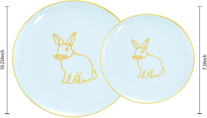 KIRE 60 Pieces Easter plates with Gold Bunny-Mint Green Plastic Plates include 30Pieces 10.25inch Dinner Bunny and 30Pieces 7.5inch Green Dessert/Salad Plates for Easter Day