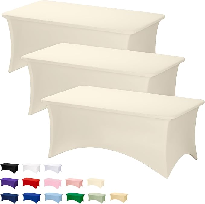 Fixwal 3 Pack Ivory Tablecloth Rectangle 6Ft, Stretch Spandex Fitted Table Cover for Party, Trade Show, Wedding, Buffet, Graduation, Vendor Stand
