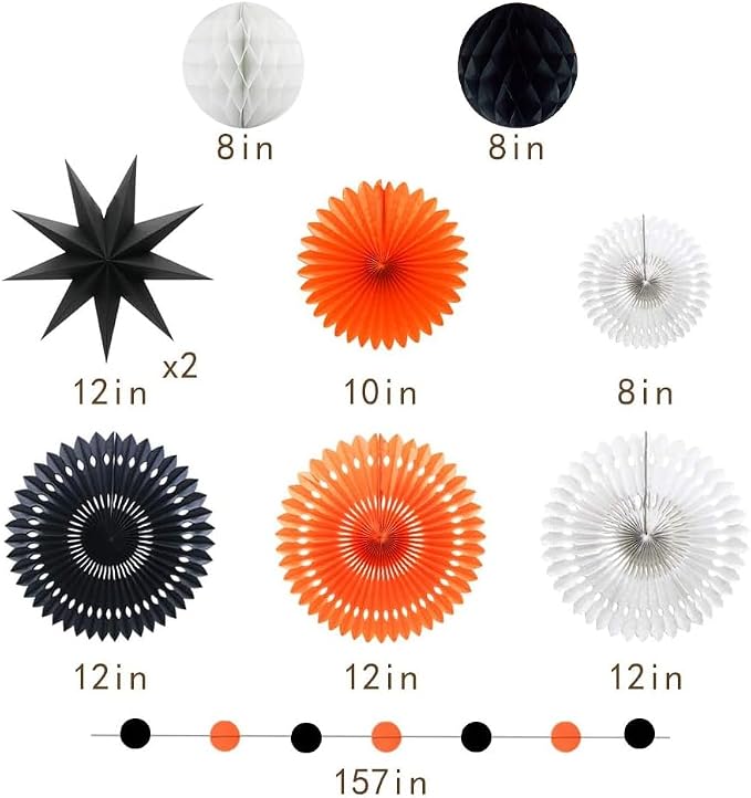 Orange White Black Halloween Decorations, Hanging Tissue Paper Fans Circle Garland Paper Lanterns for Graduation Wedding Anniversary Birthday Backdrop Decor
