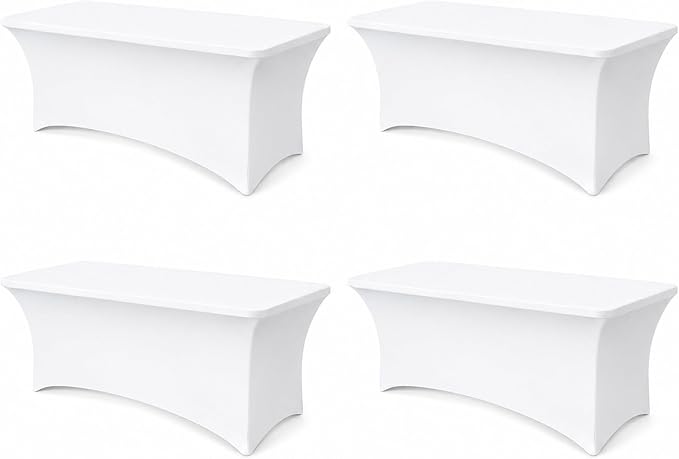 6FT White Table Cloth - 4 Pack Fitted Stretch Rectangle Spandex Tablecloth, Washable Table Cover for Party, Picnic, Wedding, Banquet, Birthday and Festival(30" x 72")