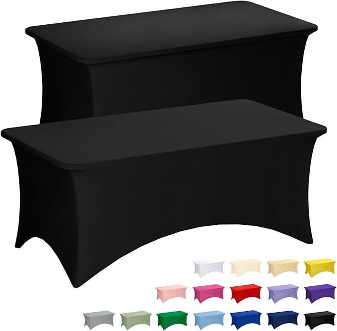 Fixwal Black Table Cloth 2 Pack 6FT for Rectangular Table Spandex Fitted Table Covers Washable Stretch for Soccer Party, Trade Show, Banquet, Wedding, Buffet