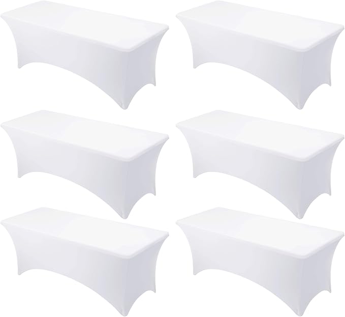 6-Pack Premium White Spandex Tablecloths for 8ft Rectangle Tables, Stain & Wrinkle-Resistant, Washable Stretch Polyester Fitted Table Cover for Weddings, Banquets, Trade Shows Events