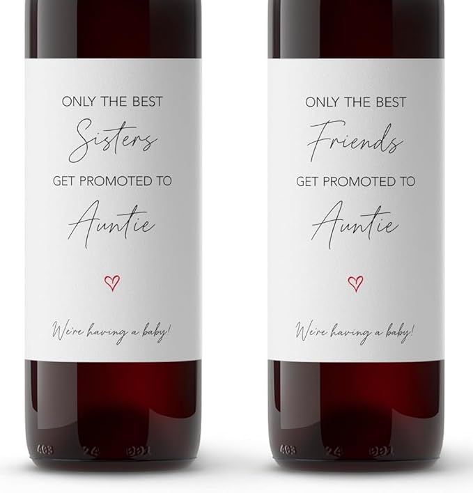 FAMILY & FRIENDS Pregnancy Announcement Wine Labels ● SET of 6 ● 2 Best SISTERS + 4 Best FRIENDS Get Promoted to AUNTIE Label, Baby Reveal Card alternative, Waterproof (Minimalist)