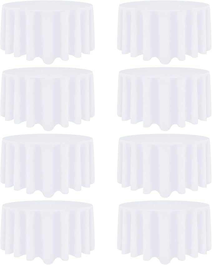 8 Pack White Round Tablecloth 120 Inch White Table Cloth Stain and Wrinkle Resistant Reusable and Washable Polyester Fabric Table Covers for Buffet Wedding Party and Banquet