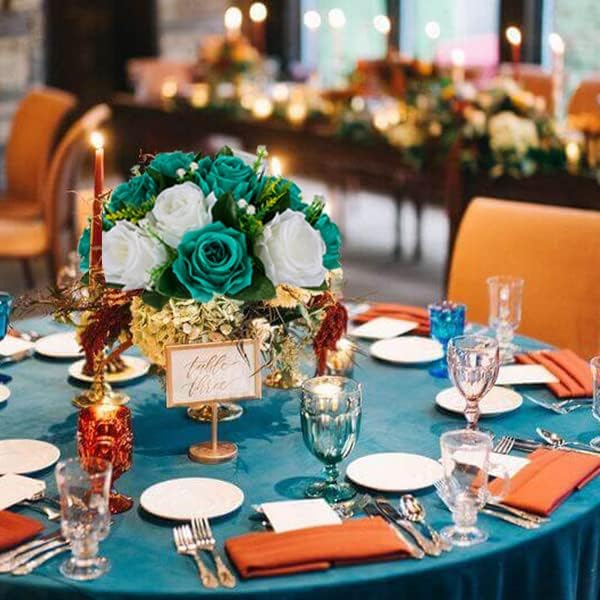 BLOSMON Flower Ball Centerpieces for Wedding: 10 Pcs Teal White Fake Roses Flowers Artificial for Table - Silk Kissing Bouquet Floral Arrangement Center for Home Party Event Decor | Artificial Floral Arrangement for Table - Faux Silk Kissing Bouquet wi...