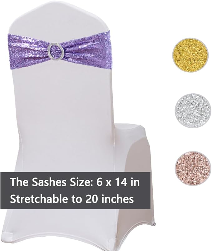 Pack of 50 Sequin Lavender Chair Sashes Bands with Buckles, All Around Sequins Chairs Bows for Party Wedding Fiesta Engagement Banquet Bridal Shower Anniversary Decor Glitter Chairs Ties