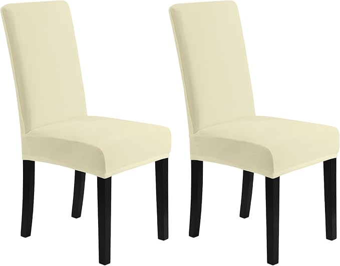 MOSAYT Velvet Stretch Chair Covers for Dining Room Set of 2 - Soft Slipcovers with Thick Removable Fabric for Parsons Chairs, Washable Seat Protectors for Kitchen, Banquet & Home Decor, Beige