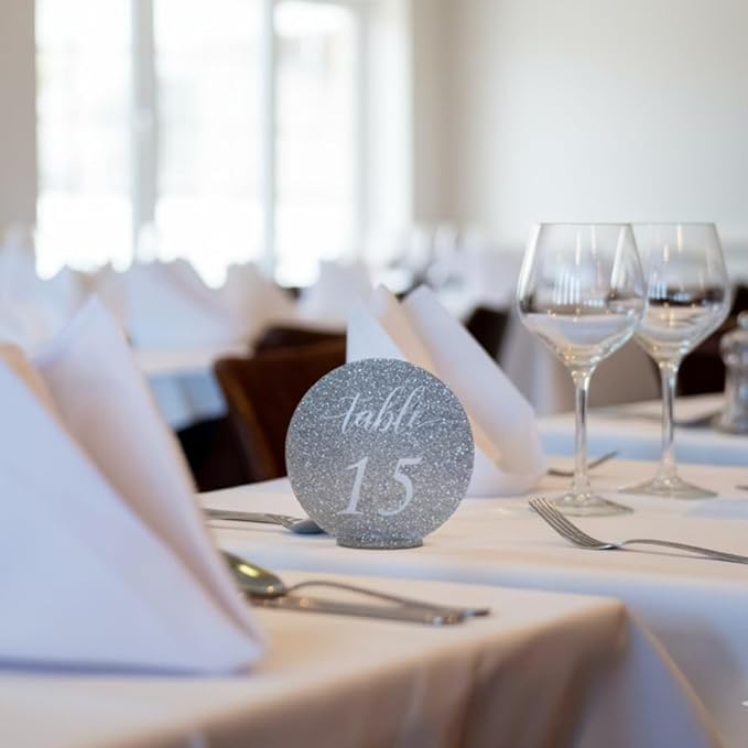 Wedding Table Numbers 1-20, table numbers signs, with Self Standing Base 5.1 x 5 inches, Silver Glitter Table Numbers Sparkle with light, ideal for Wedding Receptions, Parties and Special Events
