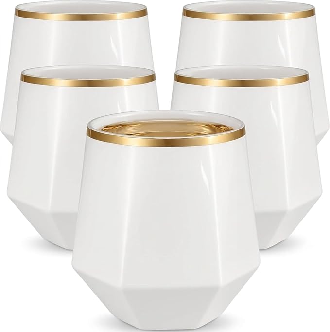 Oojami 40 Pack Disposable Plastic Wine Glasses Gold Rim 12 Oz (White Gold) | Diamond Stemless Clear Cups, BPA-Free Shatterproof Unbreakable Reusable, Cocktail Champagne Whiskey Cups, Wedding Party Bar