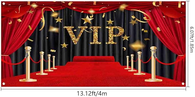 7X16ft VIP Red Carpet Garage Door Decoration Background Glittering with Brilliant Stars Black Gold Stage Backdrop Award Ceremony Movie Studio Props Graduation Wedding Birthday Party Banner Cover