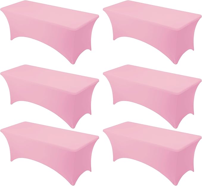 6-Pack Premium Pink Spandex Tablecloths for 8ft Rectangle Tables, Stain & Wrinkle-Resistant, Washable Stretch Polyester Fitted Table Cover for Weddings, Banquets, Trade Shows Events