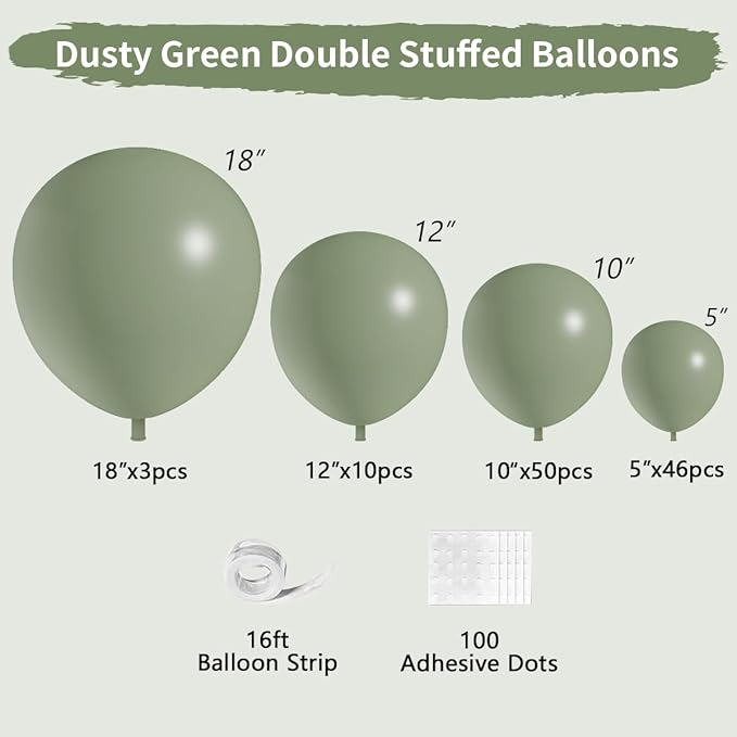 Dusty Green Double Stuffed Balloons Different Size 115Pcs 5/10/12/18" Sage Green Balloons Garland kit for Birthday Baby Shower Wedding Engagement Bridal Shower Party