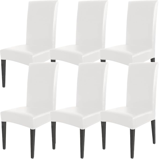 Qubjus Dining Chair Covers, Solid Pu Leather Waterproof Oilproof Dining Chair Protector Cover Slipcover (White, 6 Pack)