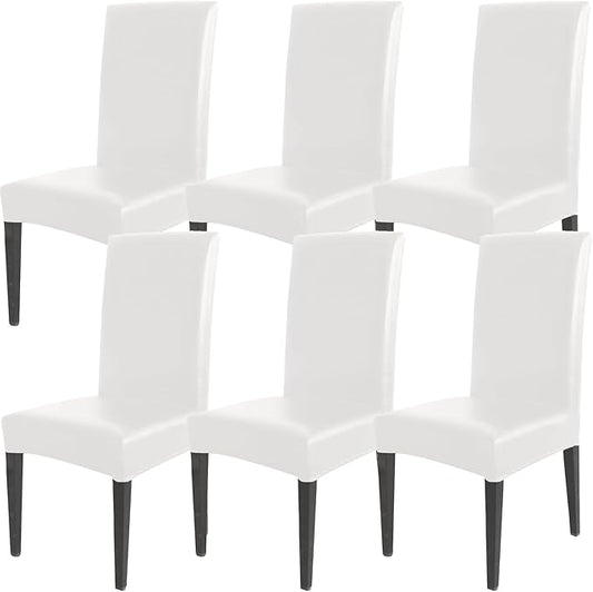 Qubjus Dining Chair Covers, Solid Pu Leather Waterproof Oilproof Dining Chair Protector Cover Slipcover (White, 6 Pack)
