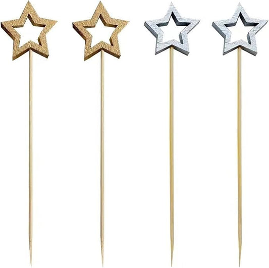 Durable 150PCS Star Shape Bamboo Skewers Food Cocktail Skewers Picks Buffet Fruit Cupcake Fork Sticks Party Table Decoration Supplies(Golden)