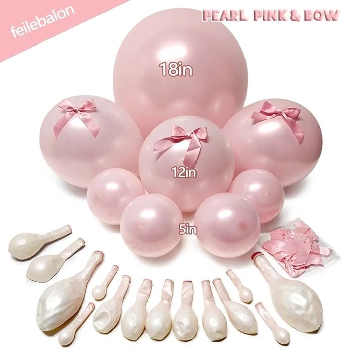 Pearl Pink Balloons Different Sizes Double Stuffed Pastel Baby Pale Pink Pearl Balloon Arch Garland Kit 18/12/5in with Bow for Bridal Wedding Birthday Baby Shower Coquette Party Decorations