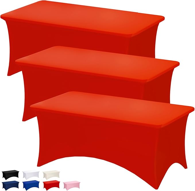 Fixwal 3 Pack Red Tablecloth Rectangle 8Ft, Stretch Spandex Fitted Table Cover for Party, Trade Show, Wedding, Buffet, Graduation, Vendor Stand