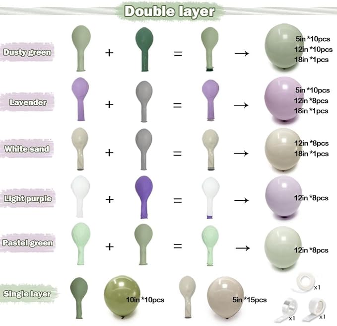 Dusty Green Purple Balloon Arch Kit Double Stuffed Pastel Light Lavender Olive White Sand Balloon Garland for Neutral Baby Shower Birthday Bridal Wedding Easter Party Decoration