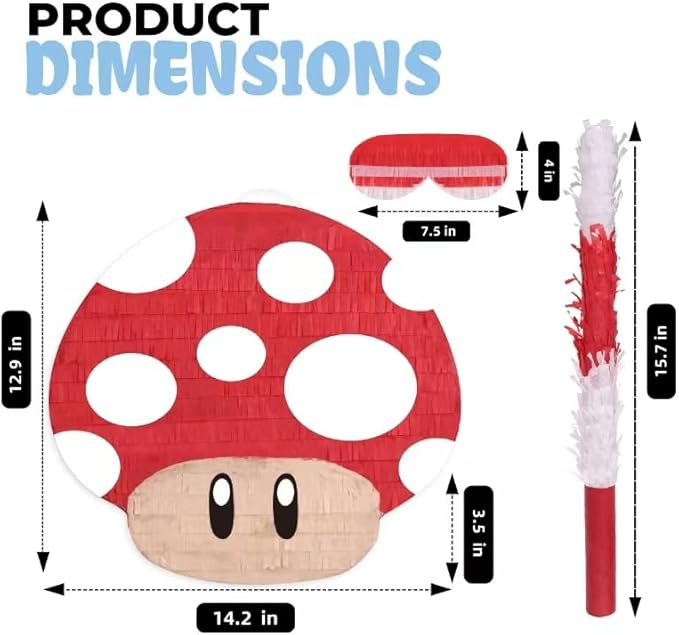 Mushroom Pinatas Bundle with a Blindfold and a Bat(16.5 x 12 x 3.5 Inches), Perfect for kid's Birthday Parties, Mexican Theme Parties, Decorations