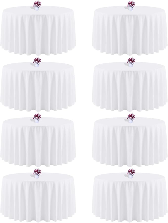 8 Packs 120 Inch White Round Tablecloth in Diameter, Washable Polyester Fabric Tablecloths, Wrinkle Resistant Table Cloth for Wedding Party Banquet Dining