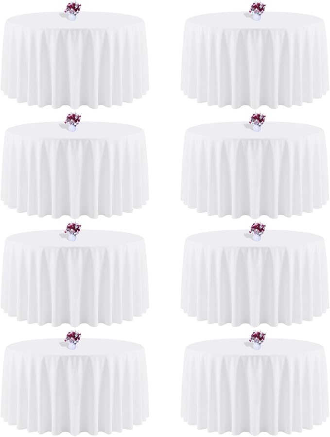8 Packs 108 Inch White Round Tablecloth in Diameter, Washable Polyester Fabric Tablecloths, Wrinkle Resistant Table Cloth for Wedding Party Banquet Dining