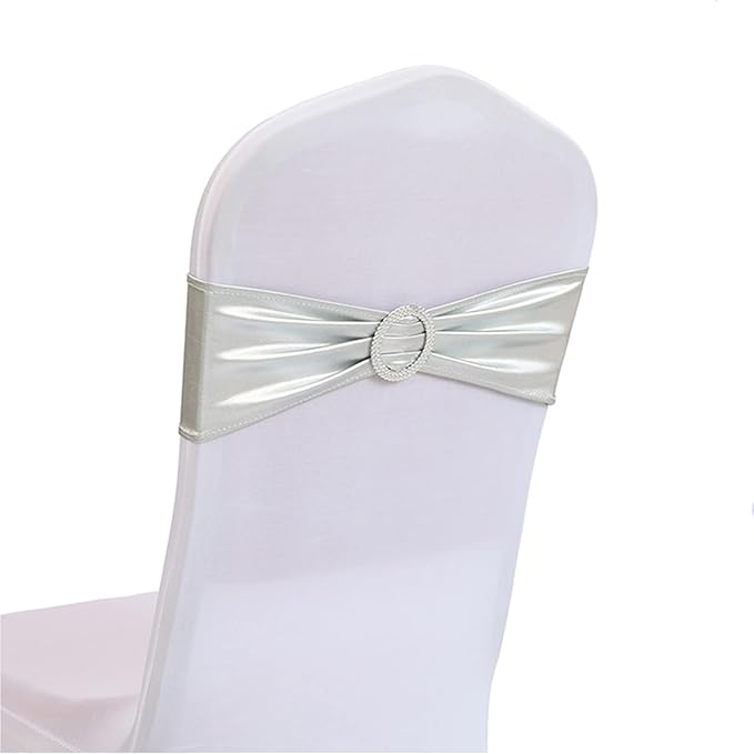 Dimatic Spandex Chair Sashes Bands 50PCS Stretch Chair Cover Ties Bows with Buckle Slider Wedding Party Reception Banquet Decoration (Metallic - Silver)
