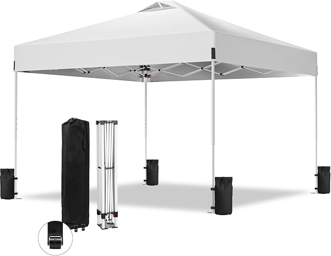 10x10 Pop Up Canopy One Push Setup Portable Heavy Duty Outdoor Beach Tent with 3 Heights & 4 Sandbags Sun Shade with Rolling Bag for Events Parties Camping, White