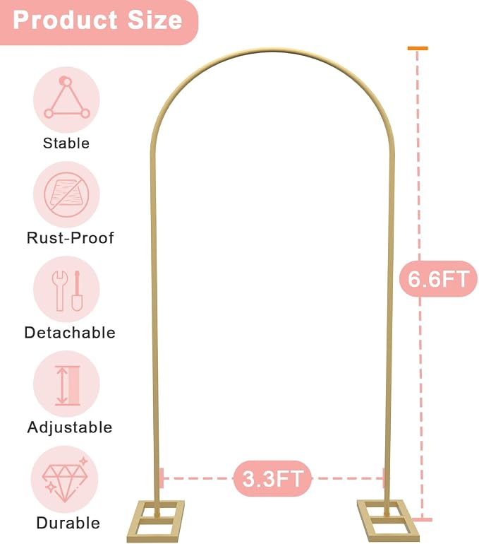 Queension 6.6FT Arch Stand, Metal Wedding & Birthday Arch Frame with Base, Gold