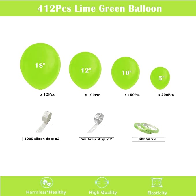412pcs Lime Green Balloon Garland Arch Kit 18 12 10 5 Inch Different Sizes Matte Latex Balloons for Baby Shower Light Green Theme Birthday Summer Jungle Forest Party Decoration