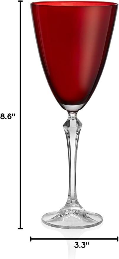 Barski Wine Glass - Set of 4 - Ruby (Red) Colored Cup - for Water - White or Red Wine - 9 fl. Oz. - Clear Stem - Glasses - Made in Europe