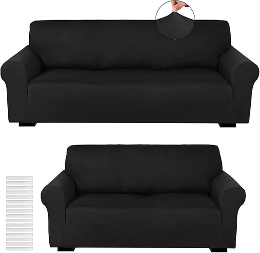 Peryiter 2 Pcs Sofa Covers Couch and Loveseat Covers Set Stretch Sofa Slipcover for Living Room Armchair Furniture Protector, Wrinkle Proof(Black,Milk Silk)