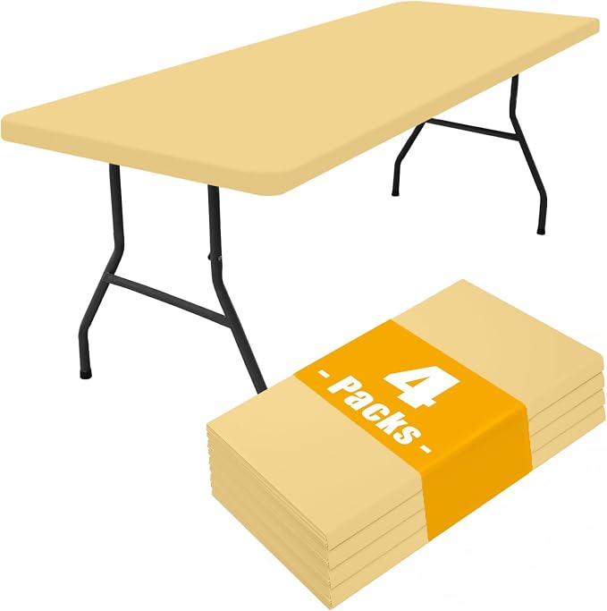 Smiry 4 Pack Rectangle Picnic Table Cloth, Waterproof Elastic Fitted Tablecloths, Washable Polyester Rectangular Patio Table Cover for Camping, Indoor and Outdoor (Light Camel, 30"x72")