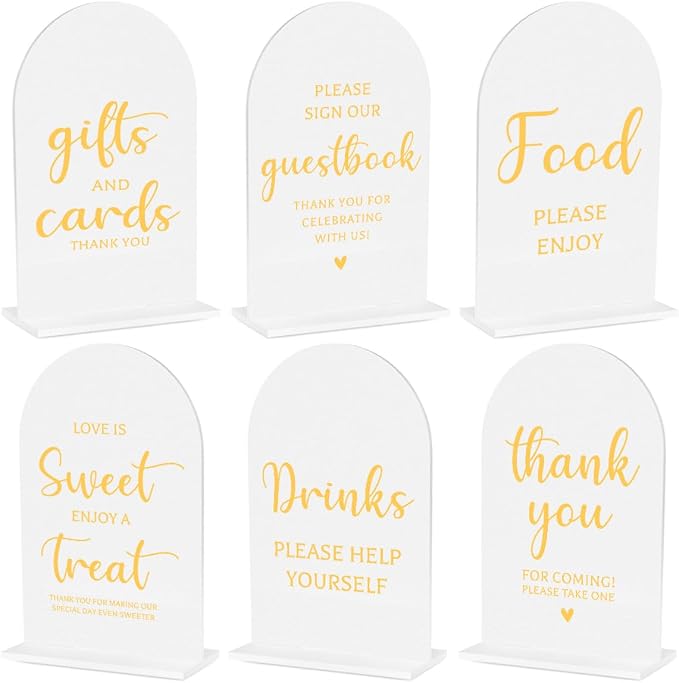 6 Pcs Wedding Sign Decor, Ceremony Sign, Wedding Sign for Reception & Event Party,Bridal Shower Decorations, Wedding Table Sign Accessories for Anniversary and Event 5x7 Inch White Gold