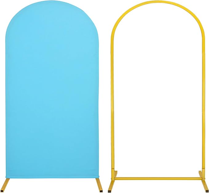 Metal Arch Stand and Cover Set,1 Blue Spandex Fitted Backdrop with 1 Gold Wedding Arched Stand Frame for Parties Birthday Baby Shower Bridal Banquet Decoration (6.6FT)