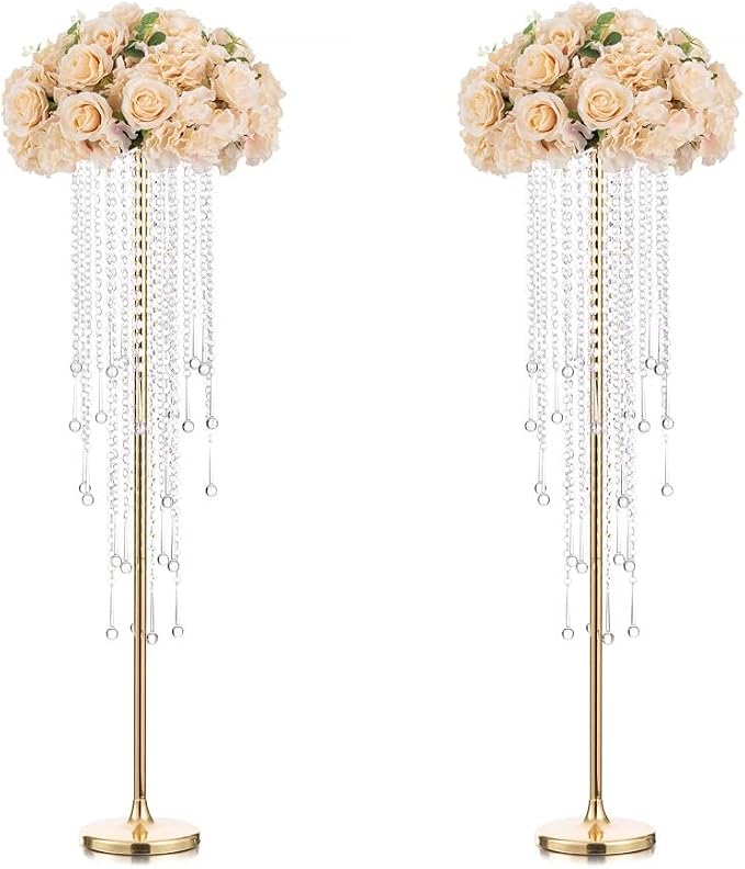 Tall Vases Wedding Centerpieces for Tables - 39.4" Gold Flower Vase with Chandelier Crystal, Centerpiece Table Decorations, Metal Flower Stand for Wedding, Reception, Party, Events, Home Décor, 2 Pcs