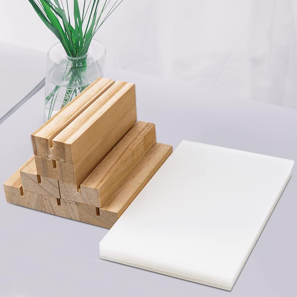 8 Pack 5 x 7 Inch Blank Clear Acrylic Table Displays with Wooden Stands - Ideal for DIY Name Cards, Menu Numbers, and Event Party Decorations（SINGLE LAYER）