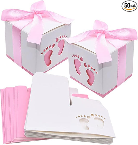 50pcs Baby Shower Party Favor Boxes, Footprint Design Candy Treat Gift Boxes for Kids Birthday Baby Shower Guests Wedding Party Supplies with Ribbon,Pink