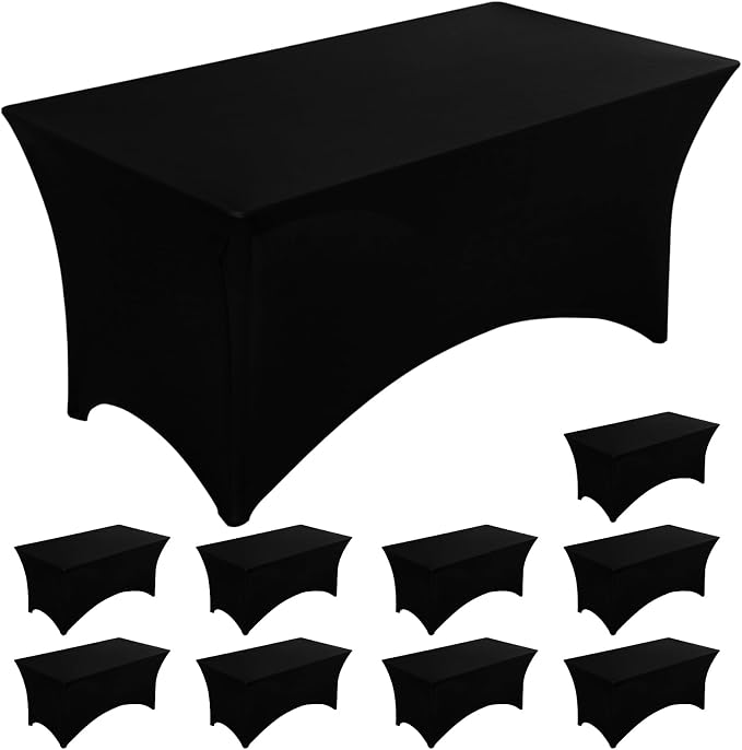 Fixwal 10 Pack 8Ft Black Table Cover, Spandex Fitted Tablecloths Rectangle, Wrinkle-Free and Stretch Folding Table Cloth for Banquet, Wedding, Party, Trade Show