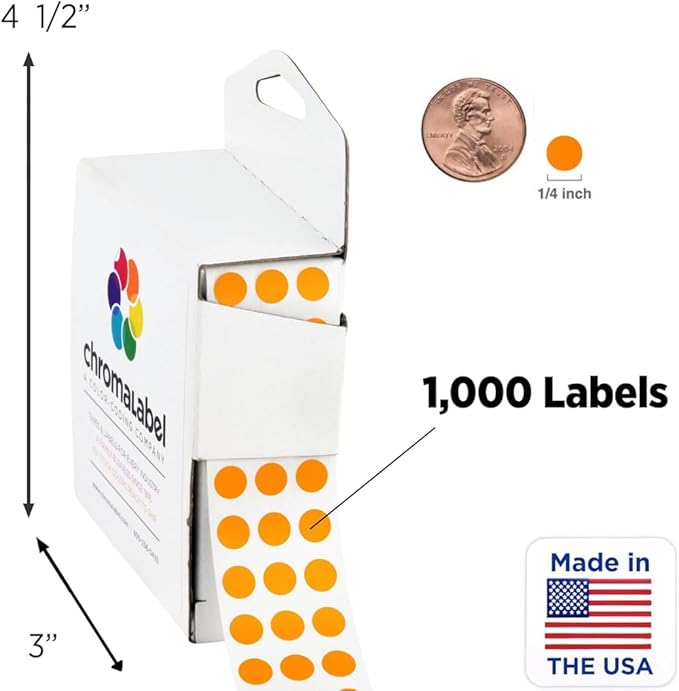 ChromaLabel 1/4 Inch Circle Sticker Labels, Easy to Write on Small Orange Dot Stickers with Handy Dispenser Box, Coding Labels - 1000 Sticky Dots per Dispenser Box, Orange and Dark Blue Stickers