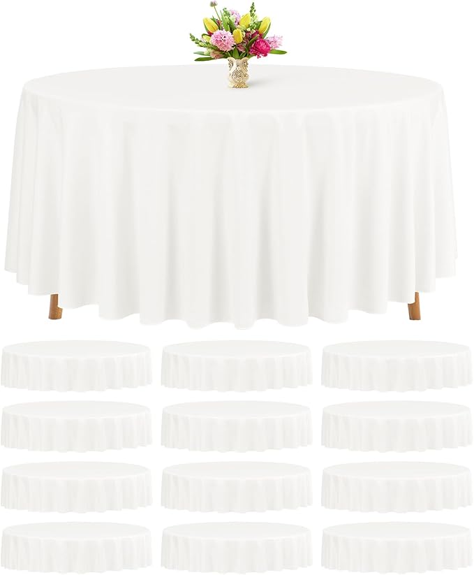 Teruntrue 12 Packs Ivory Round Tablecloths 90 inch Round Table Cloth, Washable Polyester Fabric for Wedding Parties Banquet Holiday Dinner Table Decorative, Ivory