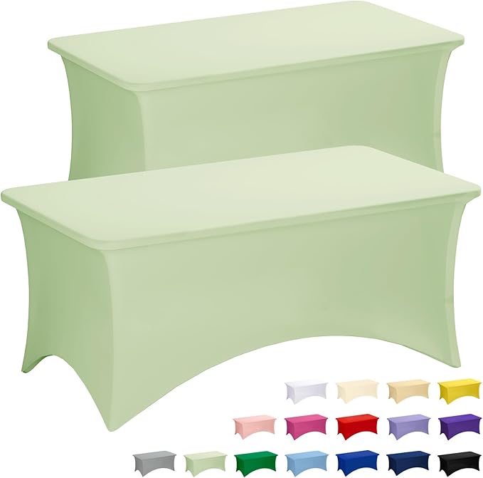 Fixwal Sage Green Stretch Table Cloth Rectangle 2 Pack 6Ft, Spandex Fitted Table Covers Washable for Party, Trade Show, Banquet, Wedding, Buffet