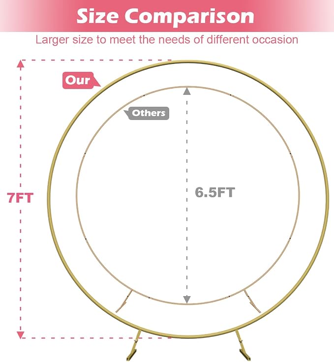 Queension Large Wedding Arch for Ceremony 7 Ft, Metal Balloon Arches Backdrop Stand with Metal Base for Party Supplies, Outdoor Garden Trellis with Water Bag for Climbing Plant, Round Frame, Gold