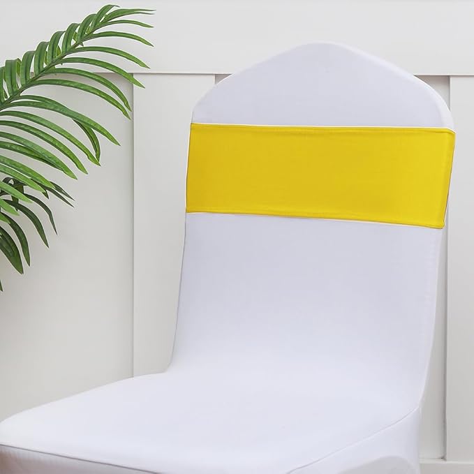 Spandex Yellow Chair Sashes 100 Pack, Yellow Chair Bands Sashes for Wedding Birthday Gender Reveal Party Decor, Chairs Ties